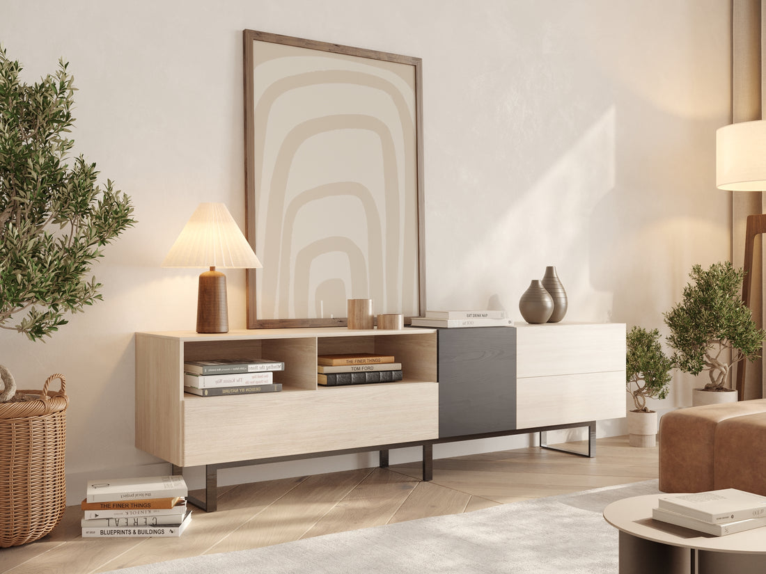 Hampton Light Wood & Black Accent TV Stand